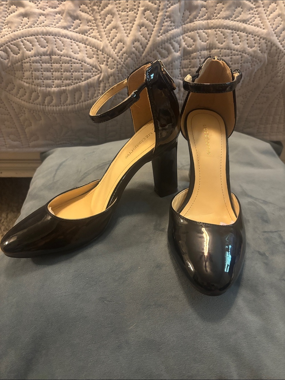 Liz Claiborne Ankle-Strap Patent Block Heel Pumps in Black With Sexy Back Zipper